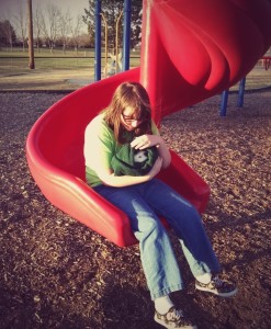 nove and pebbles on tornado slide